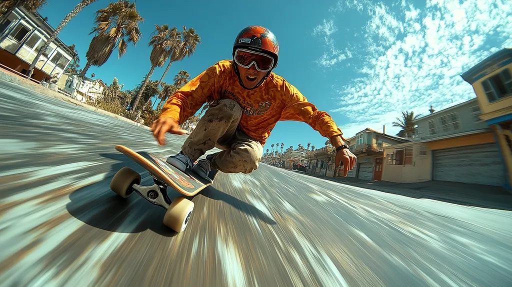 A skateboarder wearing a helmet and goggles speeds down a paved street lined with houses and palm trees. The image is captured from a low angle, giving a sense of speed and motion. The background is blurred, creating a sense of dynamism. The bright colors of the sky and the skateboarder's clothing contrast with the muted tones of the buildings. The image is full of energy and captures the thrill of skateboarding.