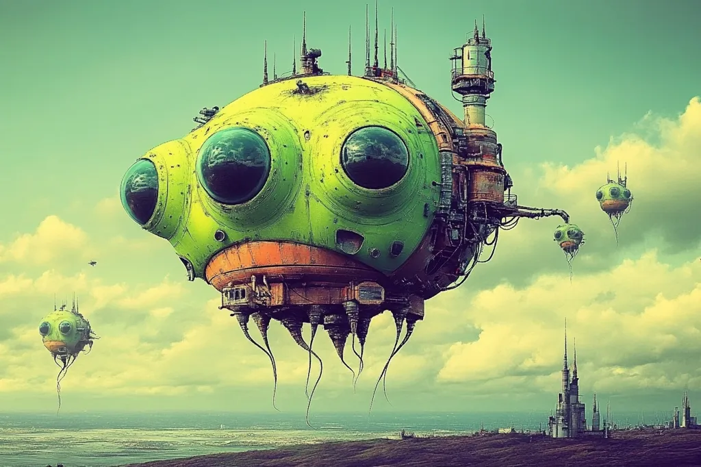 A large, green, bio-mechanical spaceship with large, round eyes floats in the sky above a futuristic city. Smaller, similar ships are attached to it, and the image has a retro, vintage aesthetic. The clouds are fluffy and the sky is a soft blue and yellow.  The scene suggests a sci-fi world where organic and mechanical elements merge.