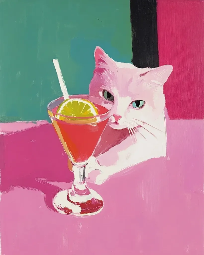 A white cat with green eyes sits on a pink table, staring intently at a glass of red liquid with a lemon wedge. The cat's paw rests near the glass, suggesting an interest in the drink. The background is a vibrant mix of teal, black, and pink. The painting is stylized with bold brushstrokes and flat color.  The overall mood is playful and slightly whimsical.