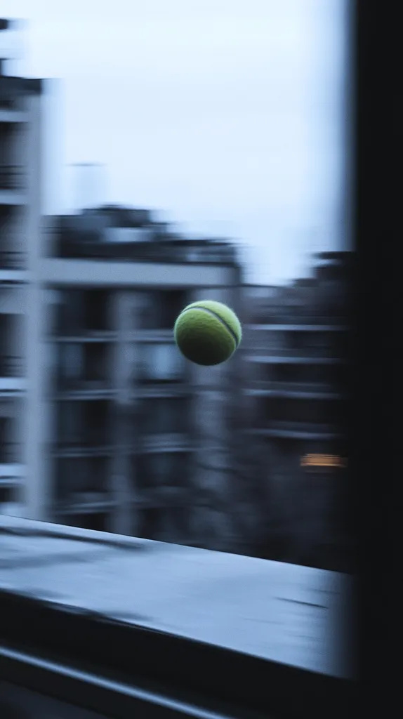 A tennis ball is in mid-air, with a blurry city background behind it. The ball is in focus, while the background is out of focus, creating a sense of motion. The image is shot from a low angle, giving a sense of perspective. The overall mood is one of motion and energy.