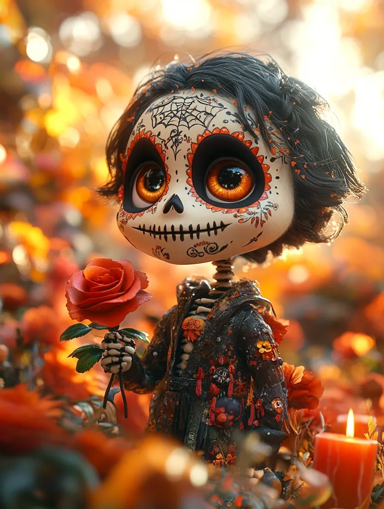 A skeletal figure with a painted skull face and large eyes, adorned in a black and red floral jacket, holds a red rose in a field of orange and red flowers. The background is blurred, but it seems to be a forest setting. The figure is facing the viewer and appears to be smiling. The image has a whimsical and colorful feel.