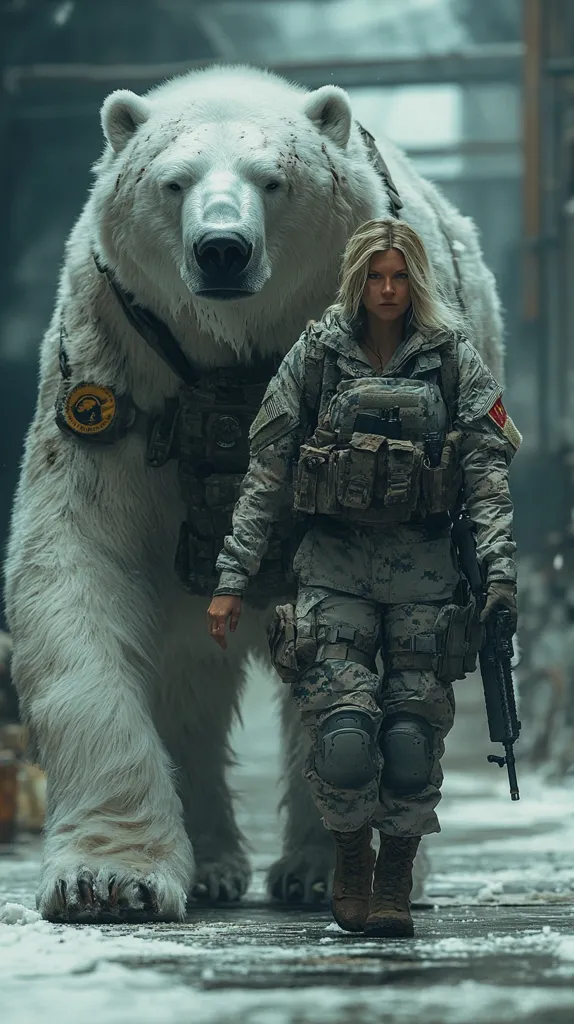 A large polar bear, with a badge on its chest, walks alongside a female soldier wearing camouflage gear and holding a rifle. The soldier is looking forward with a serious expression, while the bear's gaze is directed downwards. The scene is set against a blurry backdrop of a metallic, industrial environment, creating a sense of mystery and tension. The image portrays an unlikely partnership between human and animal, suggesting a possible post-apocalyptic world where survival necessitates unconventional alliances.