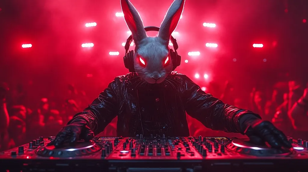 A DJ wearing a white rabbit mask and headphones is mixing music on a DJ mixer in a club with a red-lit background. The DJ's hands are wearing black gloves. The crowd behind the DJ is blurry, but their silhouettes are visible. The scene is full of energy and excitement.