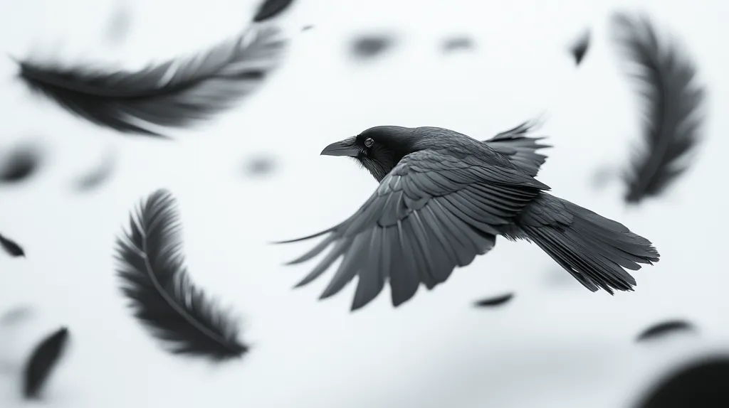A black crow flies through a white sky, its wings outstretched.  The crow's feathers are clearly visible, and its eyes are piercing.  The background is a blur of white feathers, suggesting a flurry of activity.  The image is a dramatic representation of the power and mystery of the natural world.