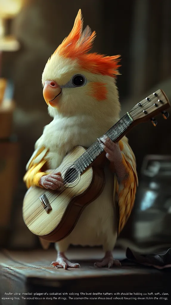 A small, white cockatiel with orange feathers is holding a miniature acoustic guitar and strumming the strings.  It has large, dark eyes and appears to be concentrating on its music. The bird is sitting on a wooden surface with a blurry background.  The scene is playful and whimsical.