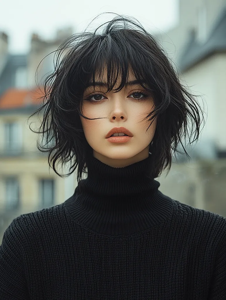 A young woman with short, choppy black hair and bangs looks directly at the camera. She wears a black turtleneck sweater, her skin is fair, and she has soft makeup. The background is a blurry, out-of-focus cityscape.