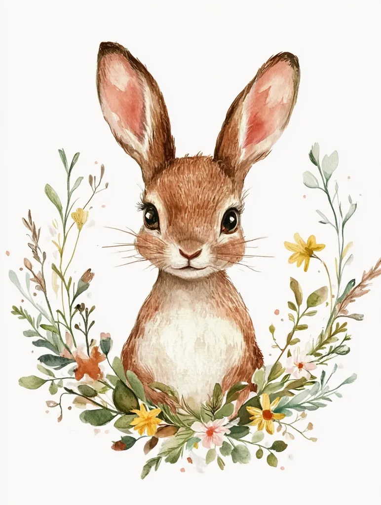 A watercolor painting depicts a brown rabbit with large pink ears, looking directly at the viewer. The rabbit is surrounded by a wreath of green leaves and delicate flowers in shades of yellow, pink, and orange. The painting has a soft, whimsical feel, capturing the innocence of nature.