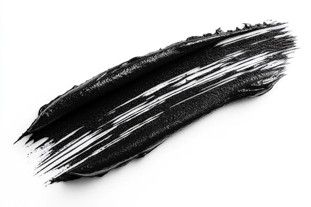 A thick black paint stroke with faint white lines running through it, set against a stark white background. The paint is textured and slightly glossy, creating a contrast with the smooth, clean backdrop. The stroke is slightly curved, giving it a dynamic, almost organic feel. The image is simple yet striking, emphasizing the texture and contrast of the paint stroke.