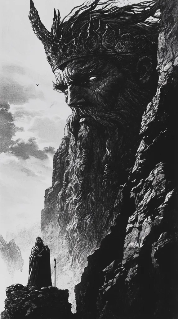 A black and white illustration depicting a colossal, crowned figure, partially obscured by rocky cliffs, with a long beard and a stern expression. In the foreground, a small, cloaked figure stands on a rock ledge, dwarfed by the giant. The scene is likely an interpretation of a mythological or historical figure. The image conveys a sense of awe and power.