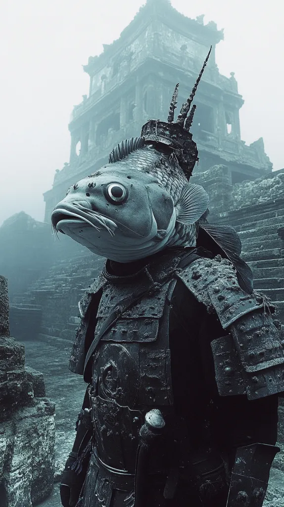 A mysterious figure, seemingly a warrior clad in heavy armor, stands in front of a dilapidated ancient structure.  Its head is replaced by a giant fish head, suggesting a surreal or fantastical nature.  The image is dominated by a hazy, atmospheric feel, adding to the enigmatic quality of the scene.  The figure's weathered armor and the crumbling architecture create a sense of age and decay, hinting at a long-forgotten past.