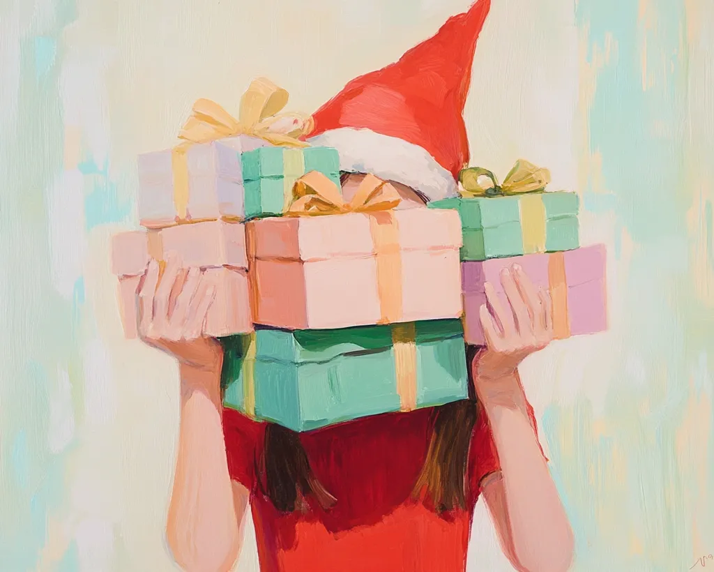A young girl in a red dress and Santa hat holds a stack of wrapped gifts in front of her face. The gifts are wrapped in various shades of pink, green, and lavender. The background is a soft, pastel green.  The painting captures the joy and anticipation of the holiday season.  The image is painted in a loose, expressive style.