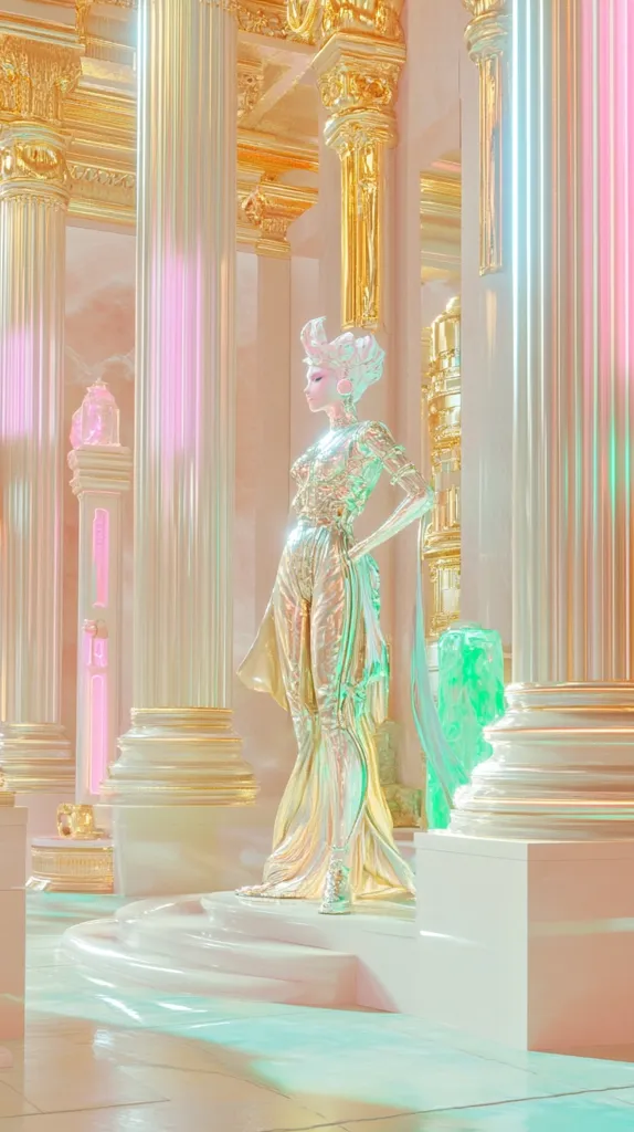 A golden statue of a woman, adorned in elaborate attire, stands on a white platform in a grand, classical setting. The statue is positioned against a backdrop of ornate columns, adorned with gold accents. The room is bathed in soft, iridescent light, creating a dreamlike atmosphere. The overall impression is one of elegance and grandeur.