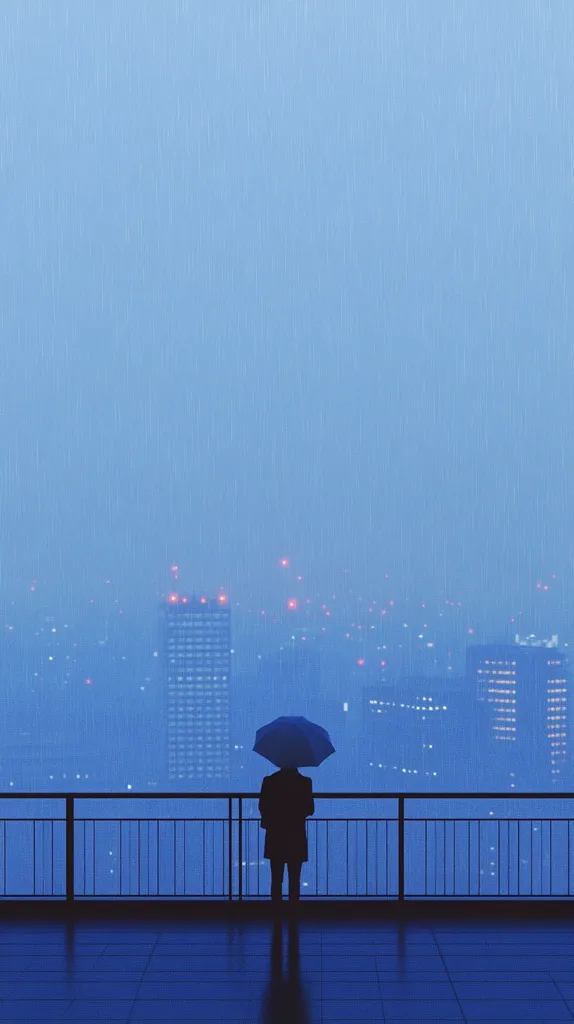 A lone figure stands on a rooftop, silhouetted against a backdrop of a rainy city. The person holds an umbrella, looking out over a cityscape with twinkling lights. The rain falls in a steady stream, creating a sense of calm and contemplation. The blue tones of the sky and the city create a melancholic and atmospheric mood.