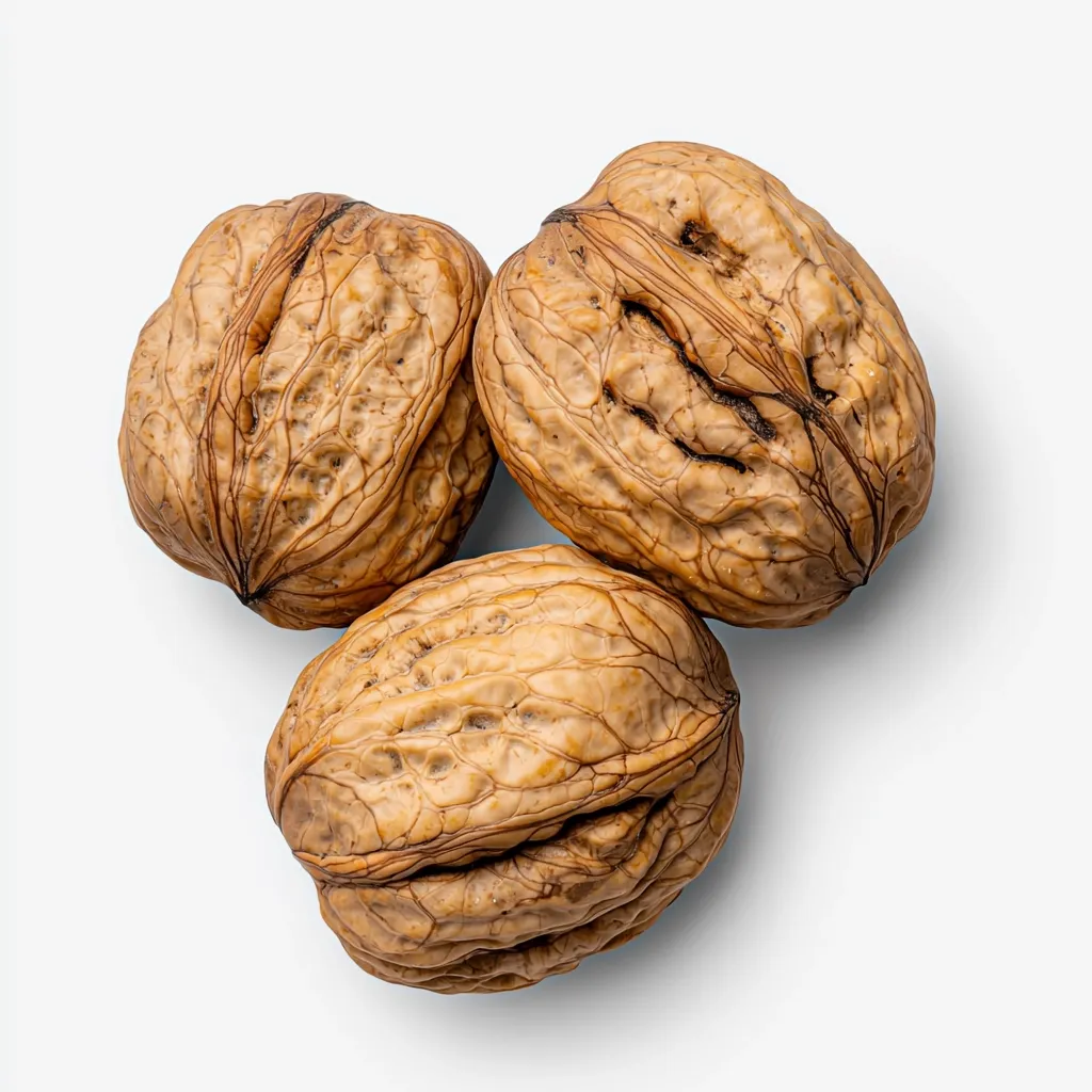 Three walnuts are arranged in a triangular shape on a white background. They are all intact, with their rough, brown shells visible. The walnuts have a slightly wrinkled appearance, and the shells are marked with fine lines and ridges. The nuts are positioned so that their rounded sides are facing the camera. They look fresh and ready to be cracked open.