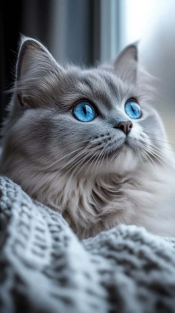 A fluffy gray cat with bright blue eyes looks intently at something out of frame. The cat's fur is soft and wispy, and its expression is curious and alert. The cat is resting on a textured white blanket, which creates a soft and cozy backdrop for the image. The light from a window shines on the cat's face, highlighting its features.