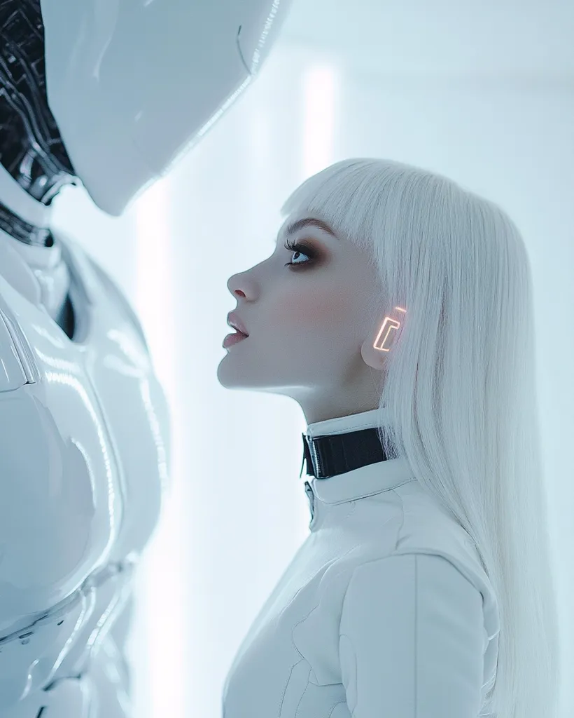 A woman with long, white hair and a white leather jacket looks up at a humanoid robot. The robot's face is obscured by its helmet, but its white, smooth body is visible.  The woman's expression is curious and intrigued. There is a faint glow on her ear, suggesting a technological connection.  The image is set against a stark white background, emphasizing the futuristic and sterile atmosphere.  The composition highlights the juxtaposition between human and machine, suggesting themes of artificial intelligence and the future.  The image invites contemplation about the nature of humanity and the possibilities of technology.