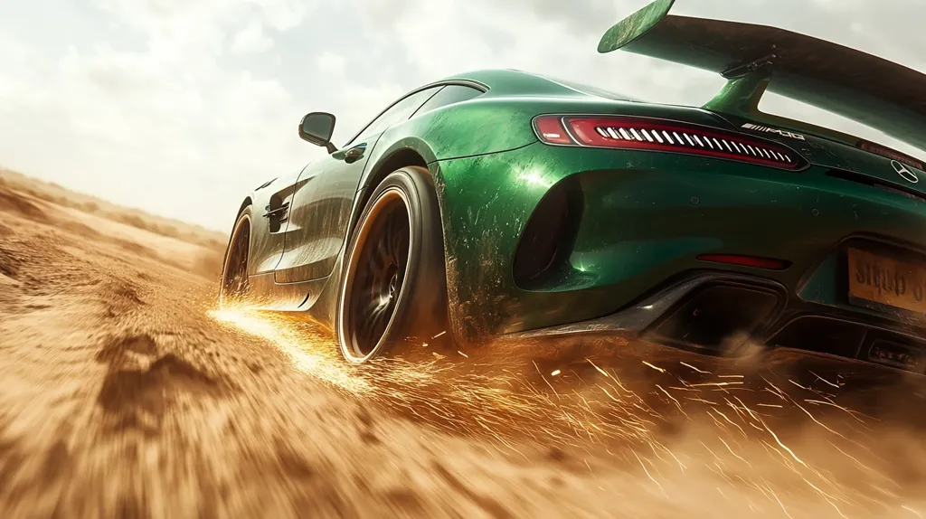 A green sports car with a large rear wing speeds along a sandy track. The car's rear wheel is kicking up sparks as it accelerates. The car is in the foreground of the image and the sandy track stretches out behind it. The sky is clear and blue and there is a slight haze in the distance. The car is moving very fast and the sand is blurring behind it. The image is action-packed and dynamic.