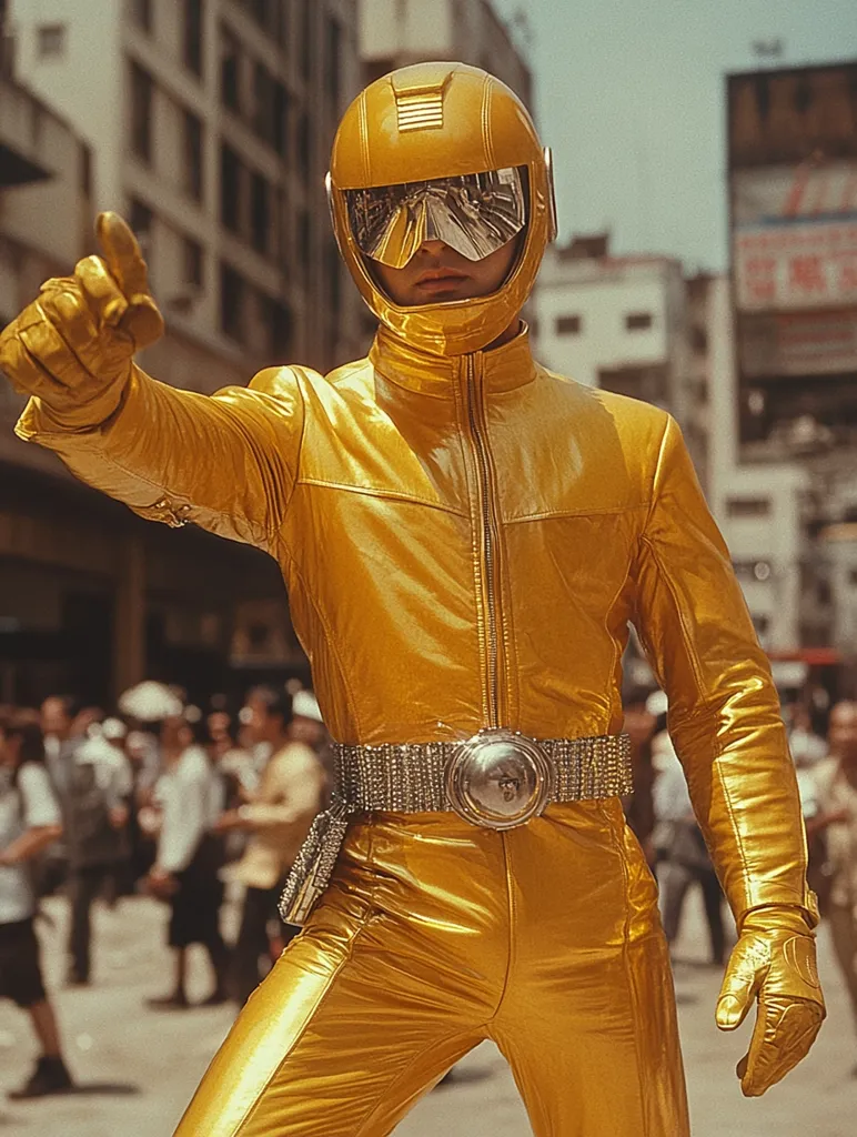 A man in a shiny gold jumpsuit and helmet, with a mirrored visor, stands in a busy city street. He is pointing his gloved hand towards the camera, with a serious expression on his face. The background is blurred, creating a sense of movement and energy. The overall image is striking and futuristic.
