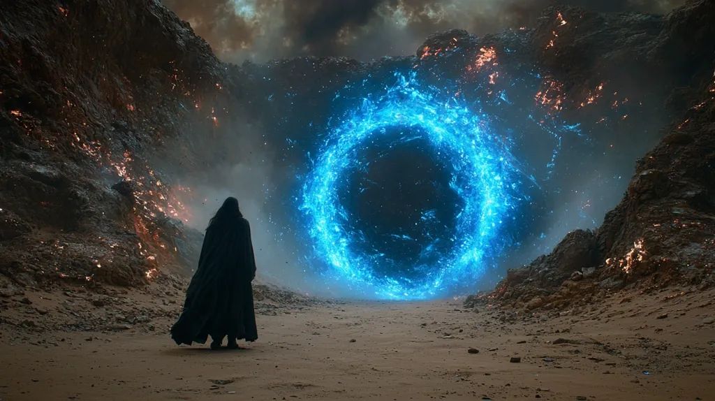The image depicts a lone figure in a dark cloak standing in a desolate, rocky landscape. A swirling, blue portal of light, shaped like a ring, glows in the distance, illuminating the scene. The portal is set against a backdrop of dark, stormy clouds.  The overall atmosphere is one of mystery and awe, suggesting a journey or a transition into another realm.