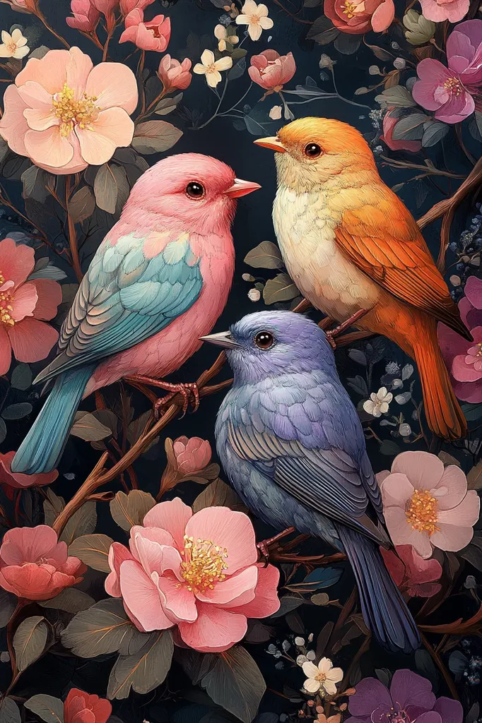 The image depicts three birds perched on a branch amidst a vibrant floral arrangement. The birds are a pink and blue bird with a blue tail, a bright orange bird with a white belly, and a blue bird with a grey head and a long tail. The background features a variety of pink, white, and purple flowers, all beautifully rendered with fine detail. The composition creates a sense of tranquility and beauty.