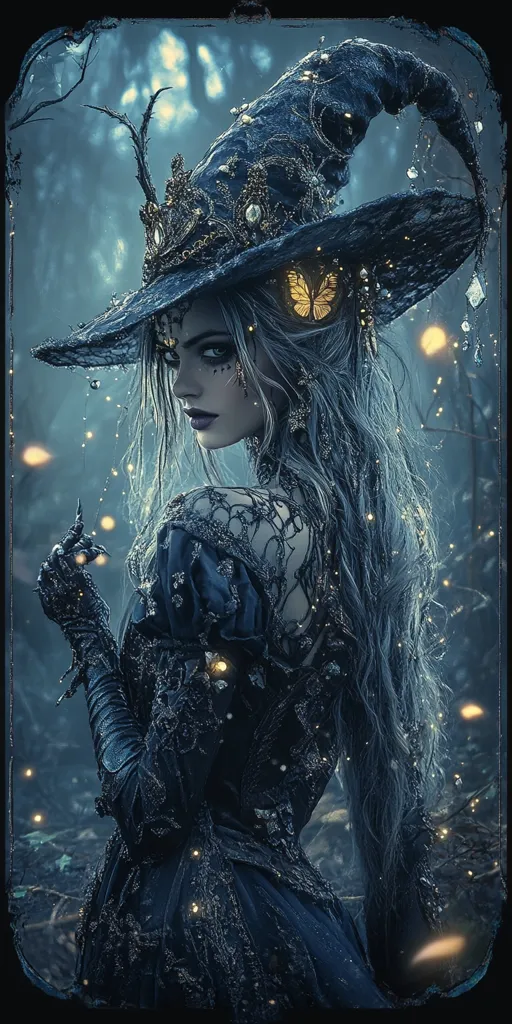 A woman with long, flowing silver hair wears a dark, intricately decorated witch's hat and a black gown adorned with lace. She holds a gloved hand up, her face partially obscured by shadows. A yellow butterfly rests in her hair, and the background is a dark and mysterious forest, illuminated by soft, ethereal lights. The overall feeling of the image is one of magic and mystery.
