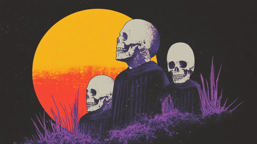 Three skeletal figures stand in a field of purple grass, silhouetted against a large, orange-red moon. The figures are cloaked in black robes, their faces obscured by the shadows. The scene evokes a sense of mystery and the unknown, with the skulls suggesting mortality and the moon symbolizing the passage of time.