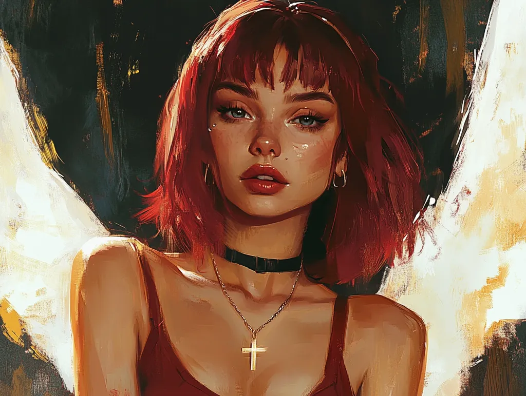 A woman with long, fiery red hair, wearing a red tank top, a gold cross necklace, and a black choker, stares directly at the viewer. She has piercing blue eyes, full lips painted red, and her skin is soft and glowing. Behind her is a blurred background of white and gold brushstrokes, suggesting a celestial or angelic presence. The overall impression is one of beauty, confidence, and perhaps even a touch of mystery.