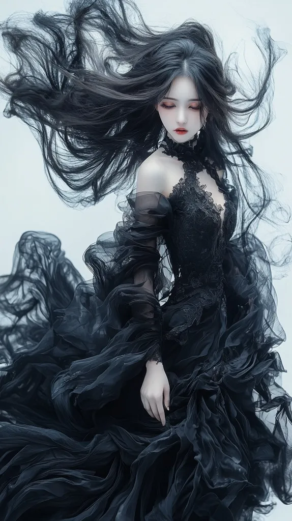A woman with long black hair, wearing a black lace dress, poses against a light background. The fabric of the dress is flowing and billowing around her, creating a dramatic and ethereal effect. The woman's expression is soft and melancholic. Her eyes are downcast, and her lips are slightly parted. The overall mood of the image is one of mystery and intrigue.  The lighting is soft and diffused, highlighting the woman's features and the intricate details of her dress. The image is composed in a way that emphasizes the woman's elegant form and the flowing fabric of her dress.