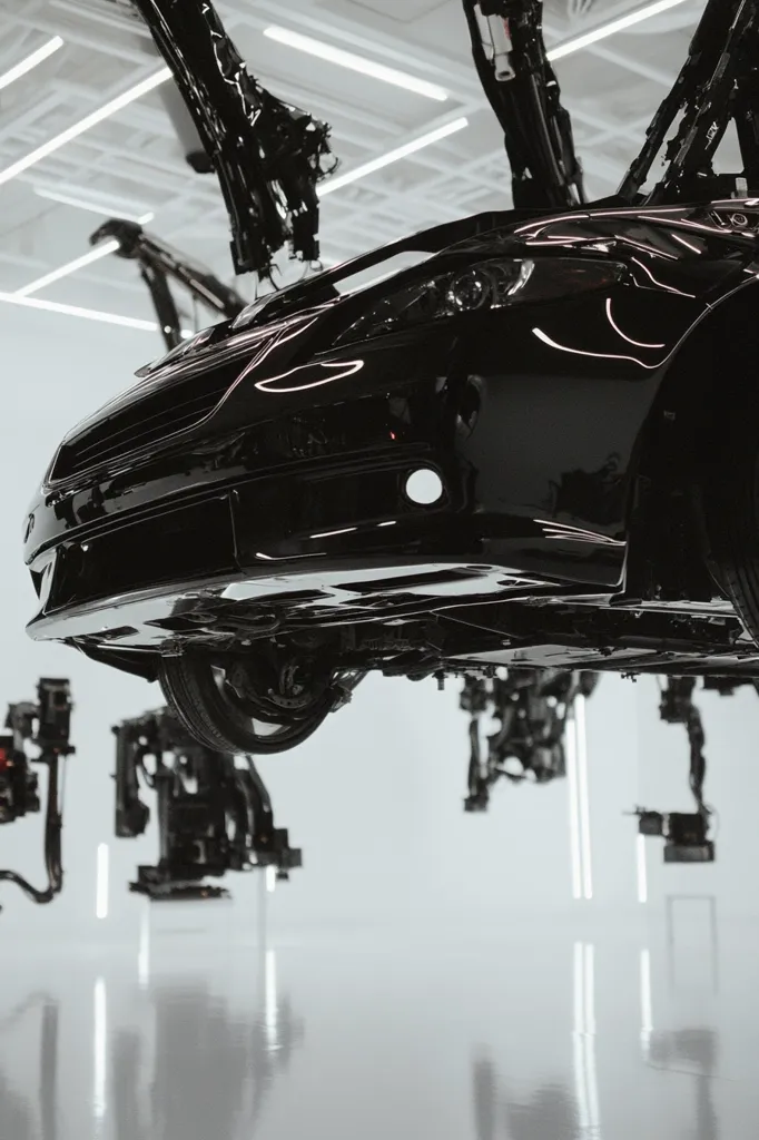 A black car is suspended in mid-air by robotic arms in a white, well-lit factory setting. The car's underside is visible, showing its suspension and other components. The robotic arms are in various positions, suggesting an automated assembly line. The scene emphasizes the technological advancements in automotive manufacturing.