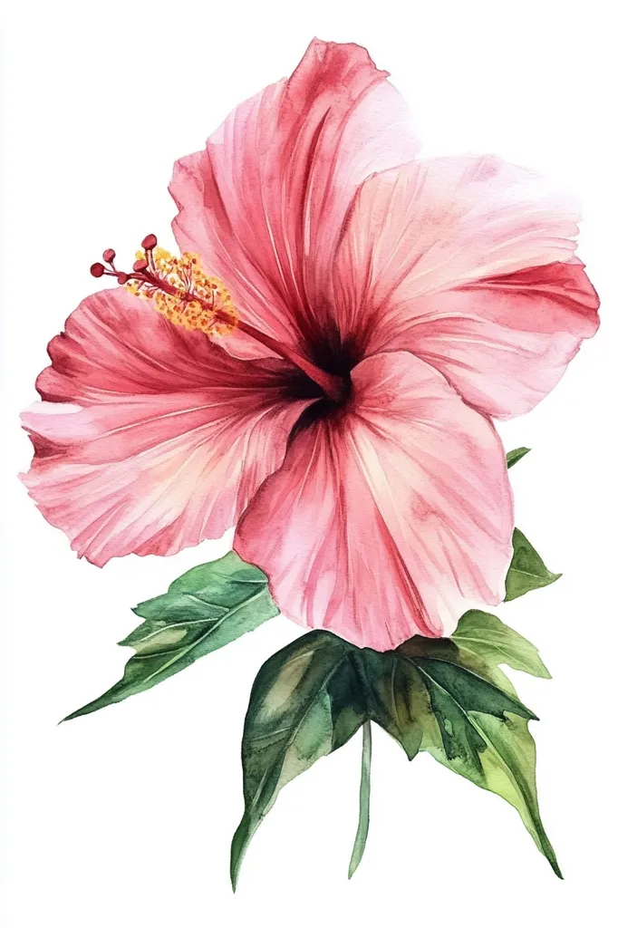 A watercolor painting of a pink hibiscus flower with green leaves. The flower is in full bloom, with its petals spread out wide. The leaves are a deep green, and there is a hint of yellow in the center of the flower. The painting is done in a realistic style, and the colors are soft and delicate. The image is set against a white background.