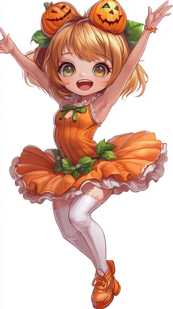 The image shows a young girl with blonde hair wearing a cute orange dress and white stockings. She has two pumpkins on her head, and she is smiling and looking at the camera. The image is drawn in a cartoon style and has a bright and cheerful vibe.  The girl appears to be a character from an anime or manga.