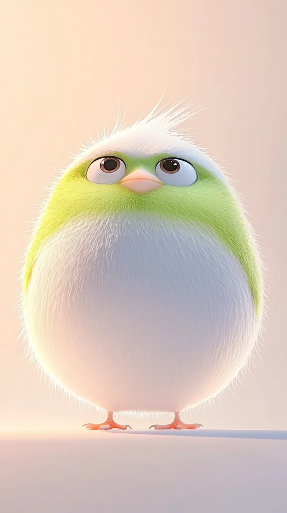 The image shows a cartoon bird with large, round eyes and a fluffy white body. It has a small, green head and beak. The bird is sitting on a white surface, and its body is almost completely round. The background is a soft peach color. The bird appears to be very soft and cuddly.