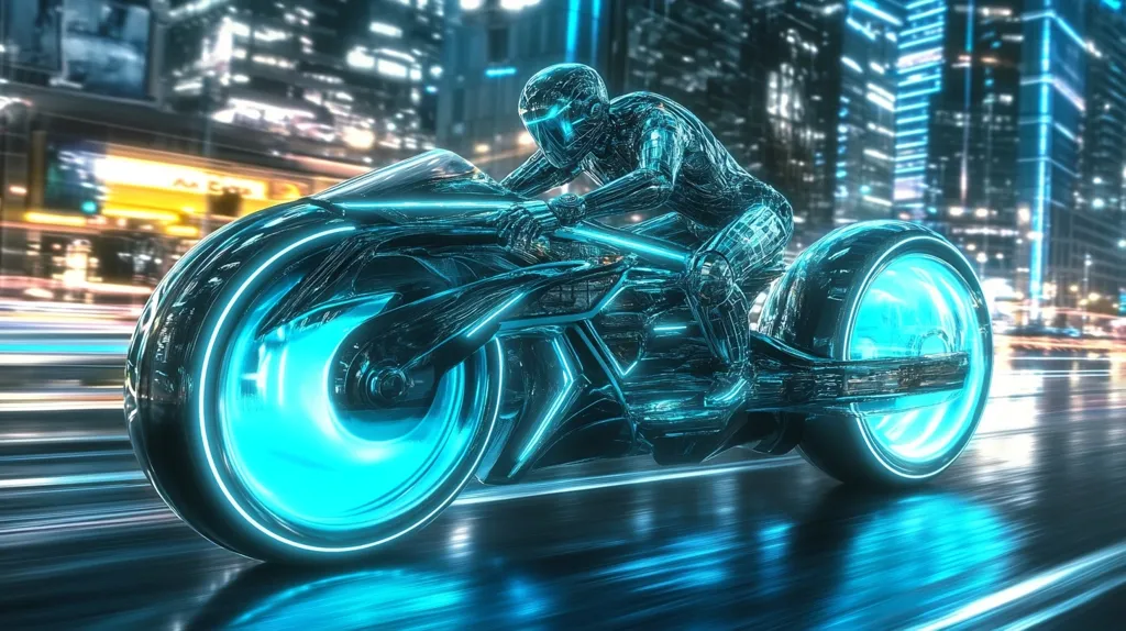 A futuristic, glowing motorcycle speeds through a city at night. The rider, wearing a blue helmet and suit, leans into the turn as the wheels leave streaks of light behind them. The city is a blur of lights and towering buildings, creating a sense of speed and motion.