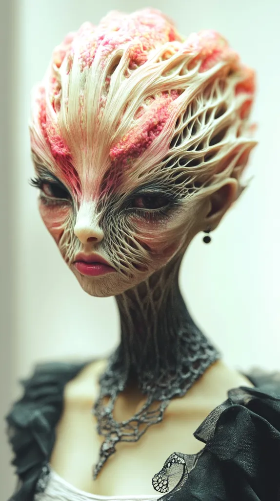 A doll with a unique and intricate design covering its face and head. The design appears to be made of a fleshy, web-like material, giving the doll an otherworldly and slightly unsettling look. The doll's eyes are wide and dark, adding to the sense of mystery. The doll wears a black lace dress and a silver necklace. The overall impression is one of ethereal beauty and otherworldly charm.