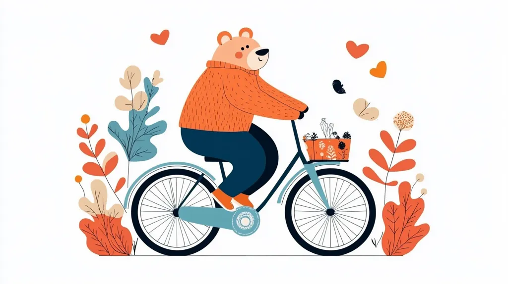 A brown bear wearing an orange sweater rides a blue bicycle with a basket full of flowers on the front. There are hearts, leaves, and a butterfly in the background. The bear is smiling and looks happy to be riding its bike.