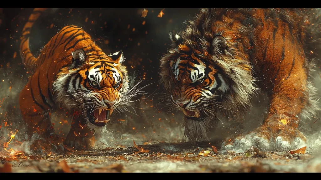 Two tigers are facing each other in a fierce stance. They are both snarling with bared teeth and their fur is bristling. There are sparks and dust around them, adding to the intensity of the scene. The tigers are in a forest setting with fallen leaves and debris on the ground.