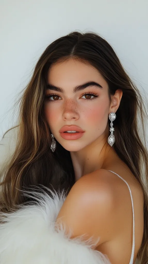 A young woman with long, dark hair is shown in a close-up shot. She is wearing a white fur jacket, and her face is lightly made up, with rosy cheeks and a light pink lip color. She is wearing diamond earrings, which sparkle brightly. Her eyes are looking off to the side. The background is a soft, white wall.