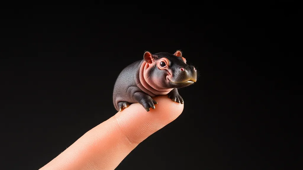 A tiny baby hippopotamus is perched on a human finger against a black background. The hippopotamus is dark grey with a pink belly and its eyes are wide open. It is looking directly at the camera with a curious expression. The image captures the small size and cuteness of the baby hippo.
