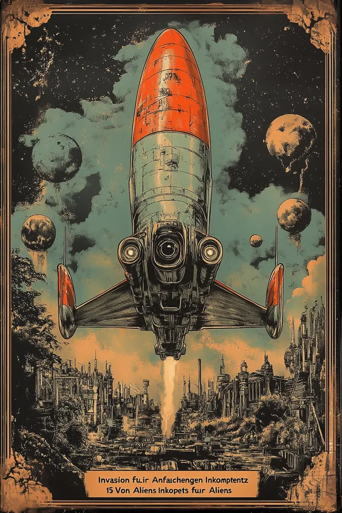 A vintage-style poster depicting a spaceship descending towards a city. The spacecraft is in the foreground, with its engine blazing.  Behind it is a city with smoke rising from factory chimneys. The poster is set against a backdrop of a dark starry sky. The text at the bottom says \