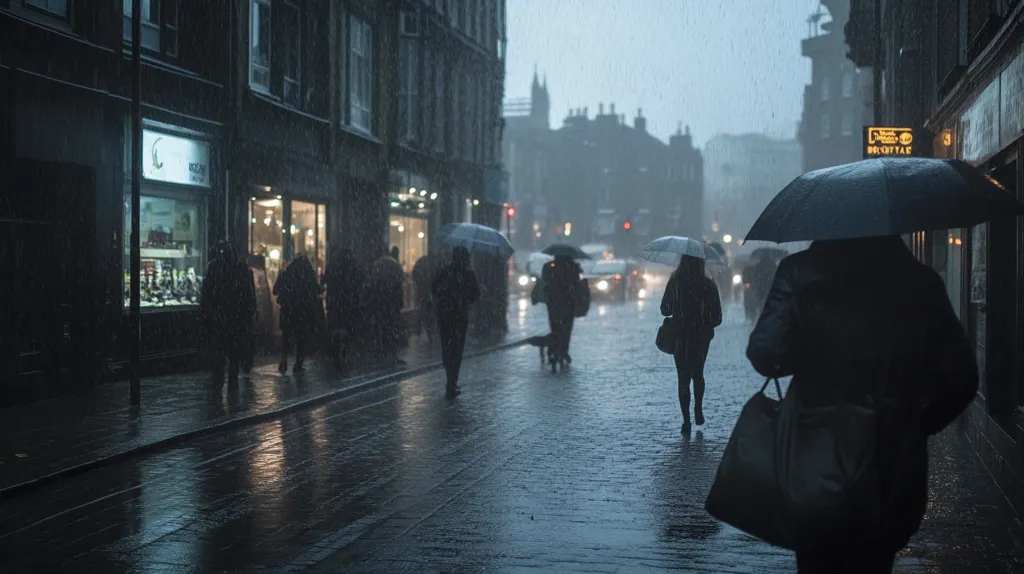 A rainy city street scene with people walking under umbrellas. The buildings are old and tall, with shop windows reflecting the dim light. The street is wet and shiny, with puddles reflecting the streetlights. The atmosphere is gloomy and somber, but there is a sense of quiet intimacy. The people seem to be lost in thought, each focused on their own path.