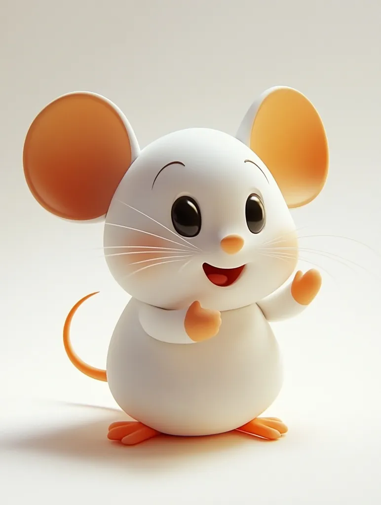 The image shows a cartoon mouse with big, round ears and eyes. The mouse is white with orange ears and a tail, and it has a cheerful expression on its face. It is standing on a white background and appears to be waving at the viewer. The mouse is portrayed in a cute and friendly manner, with a playful and happy demeanor.