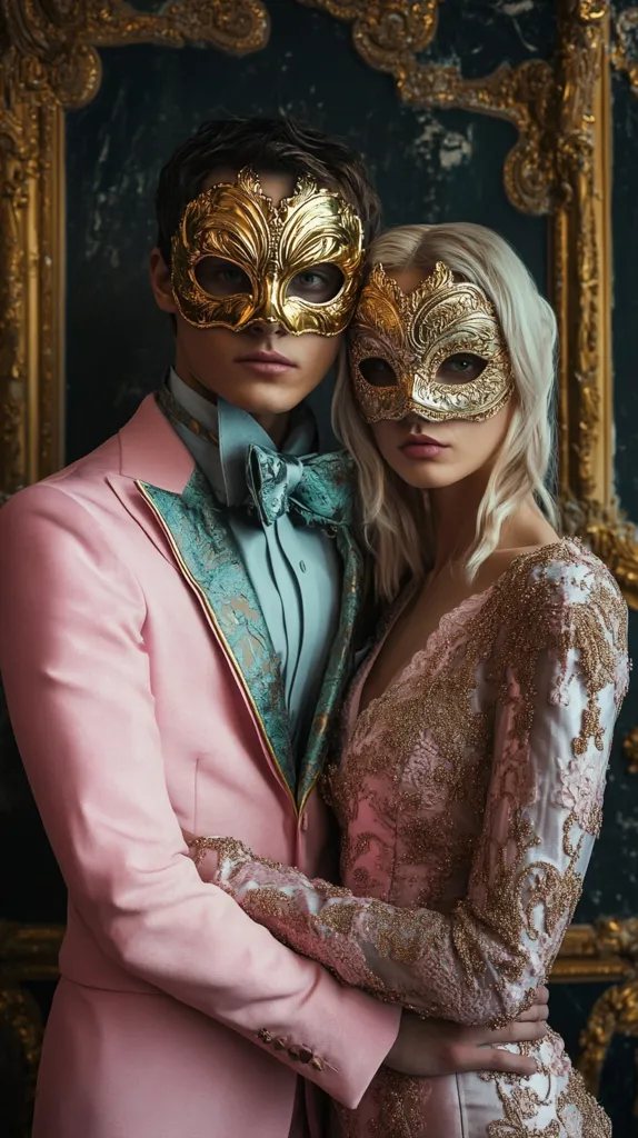A couple stands in front of an ornate, gold-leafed mirror. The man wears a pink suit with a turquoise patterned lapel and a bow tie, while the woman is in a delicate, cream-colored gown with gold embroidery. They both wear ornate, golden masquerade masks that obscure their eyes but reveal their determined expressions.  Their postures suggest intimacy and a shared secret.