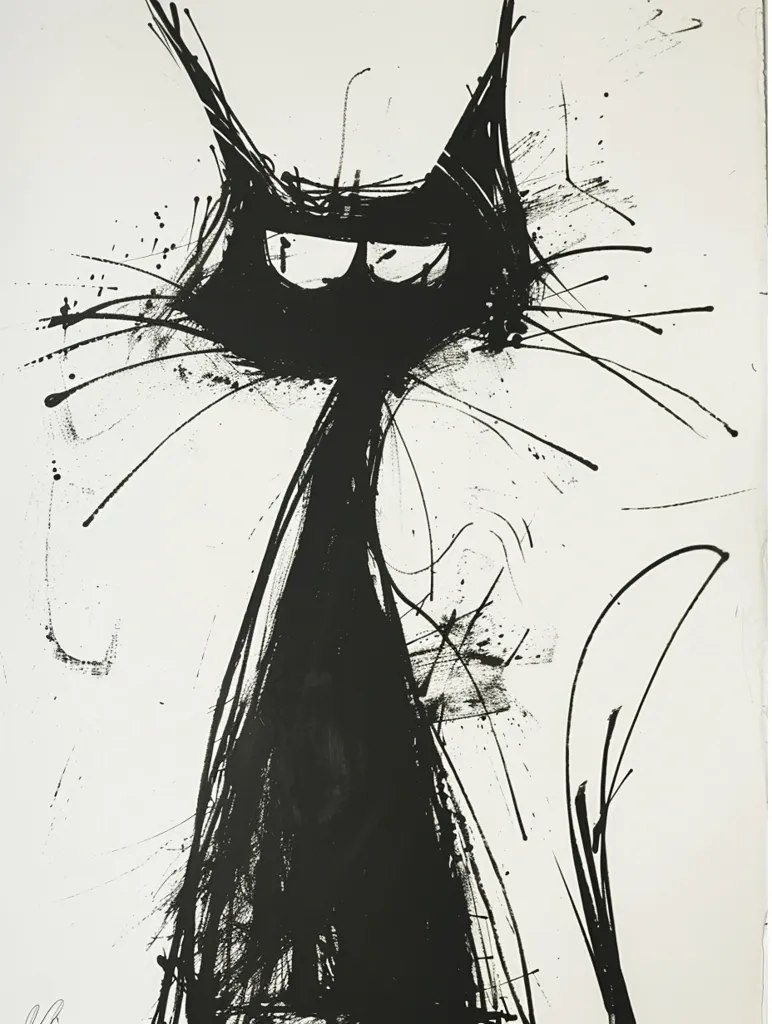 The image is a black and white abstract drawing of a cat. The cat is depicted in a stylized, almost cartoonish way. The artist has used bold strokes and splatters of ink to create a dynamic and expressive image. The cat's eyes are prominent, giving it a mischievous and alert look. The overall effect is one of playful energy and whimsy.