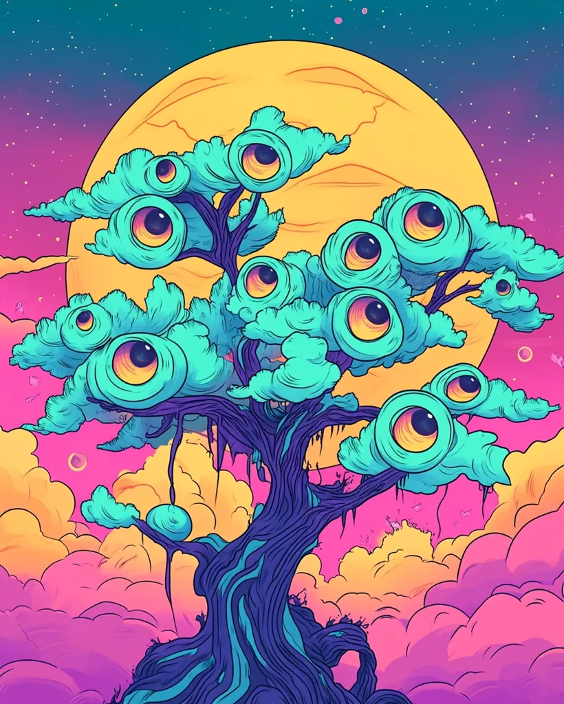 A psychedelic tree with multiple eyes on its branches grows in a surreal landscape of bright pink and yellow clouds. A giant yellow moon with a crater hangs in the starry sky. The image is full of vibrant colors and whimsical details.