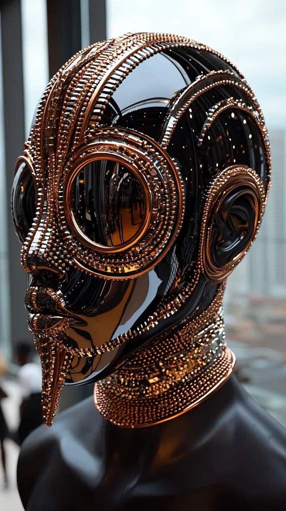 The image shows a black and gold,  futuristic helmet. It has a large, circular,  eye piece and a  gold, bejeweled trim around the base. The helmet is  on a black, mannequin-like figure.  The helmet is reflective and has a  geometric design.  The background is blurry.  The entire piece has a  distinctive, stylized look.