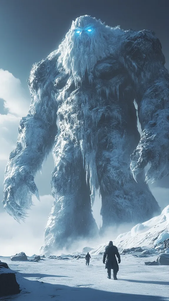 A colossal, ice-covered giant stands in a frozen landscape. Its eyes glow with an eerie blue light, casting a chilling shadow across the snow. Two figures, dwarfed by the giant's immense size, walk towards it, their forms almost lost in the vastness of the scene. The icy environment and the towering giant evoke a sense of awe and a hint of danger.