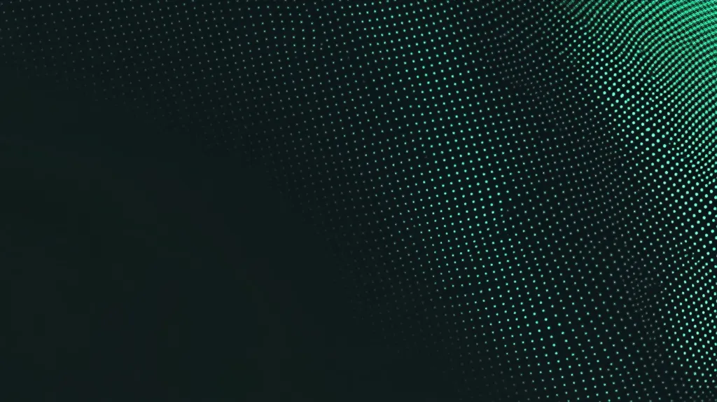 The image is a dark, abstract background with a subtle pattern of tiny, green dots. The dots are arranged in a wavy, undulating pattern that creates a sense of depth and movement. The background is mostly black, with the green dots fading into the darkness at the edges. The image is simple but elegant, and it could be used as a background for a website or a graphic design project.