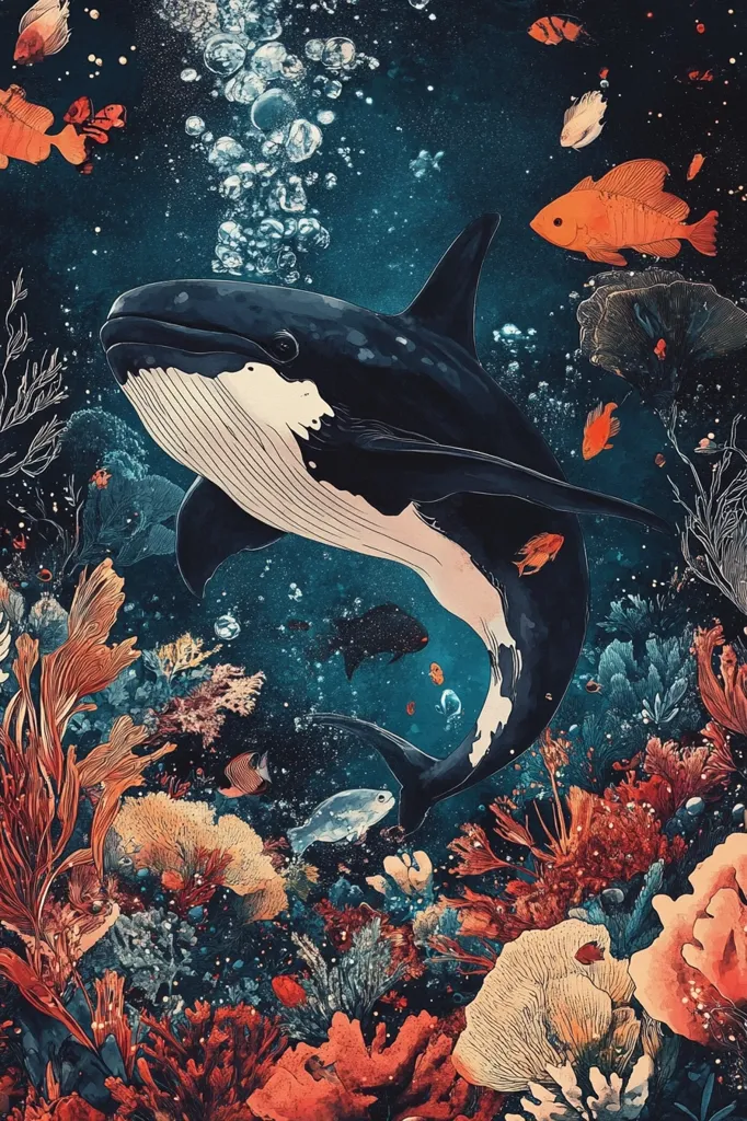 A large, black whale with a white belly swims through a vibrant coral reef. Bubbles rise from the depths as the whale glides past. The reef is filled with colorful corals and various fish species, including bright orange fish and smaller, darker fish. The background is a deep, dark blue, creating a sense of depth and mystery. The image captures the beauty and diversity of the underwater world.