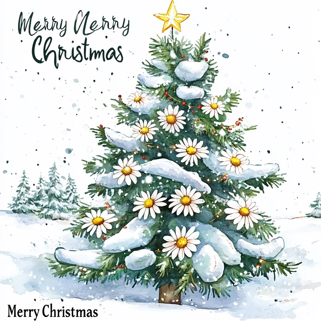 A watercolor painting depicts a Christmas tree decorated with white daisies and a golden star on top. The tree is covered in snow and surrounded by a snowy landscape.  A group of small pine trees are visible in the background.  The words "Merry Merry Christmas" are written in a playful font at the top of the image, and the words "Merry Christmas" appear again in a smaller font at the bottom.  The overall image conveys a festive and whimsical Christmas atmosphere.