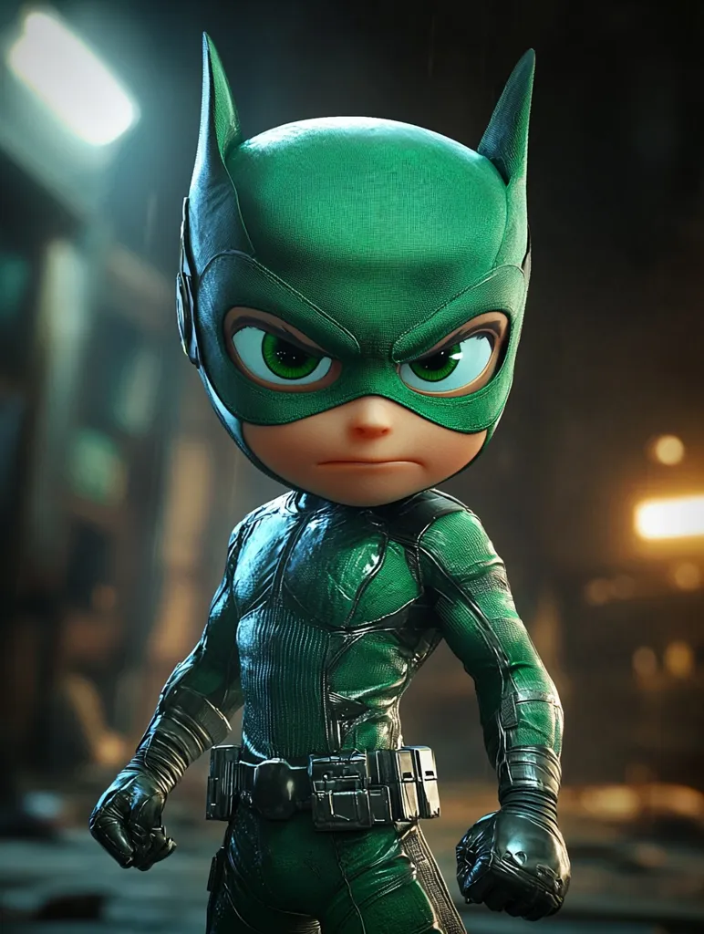 A small, cartoon-like superhero with green and black clothing stands in a gritty urban environment. They are wearing a mask with large, expressive eyes and a determined expression. The character's pose is dynamic, conveying a sense of power and readiness for action.  The backdrop features blurred lights and textures, suggesting a nighttime setting.
